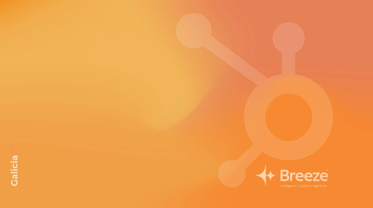 Fondo naranja con el logo de HubSpot y Breeze, la inteligencia artificial integrada para marketing, ventas y atención al cliente.